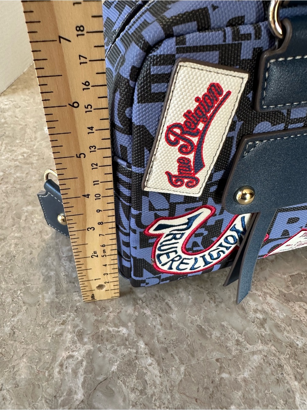 True Religion Multi Patch Satchel Bag Navy Denim Crossbody Monogram Y2K NWT - Picture 14 of 14